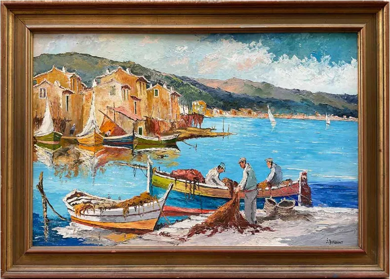 Peinture au couteau d'un port provençal animé : maisons ocre au bord de l'eau, barques colorées, trois pêcheurs triant leurs filets au premier plan, dans un cadre doré.
