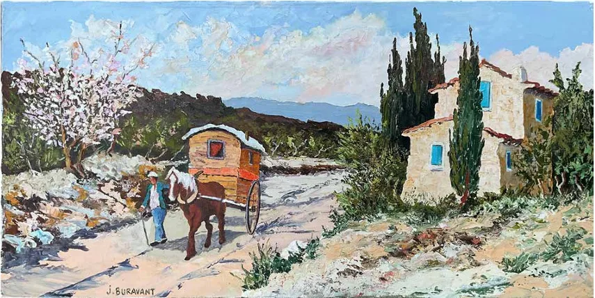 Chemin de campagne provençal au printemps : amandier en fleurs, roulotte tirée par un cheval, mas aux volets bleus entre les cyprès.
