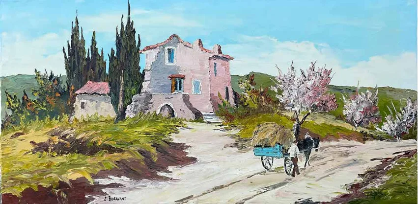 Mas provençal rose entouré de cyprès, charrette tirée par un cheval sur un chemin bordé d'amandiers en fleurs.