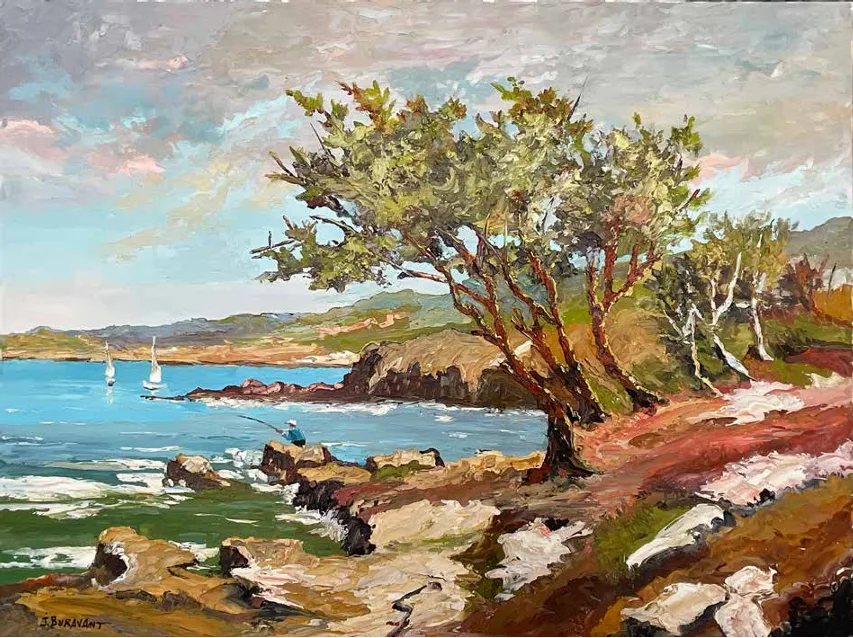 Pêcheur solitaire lançant sa ligne depuis des rochers, sous un grand arbre penché par le vent, voiliers sur la mer.