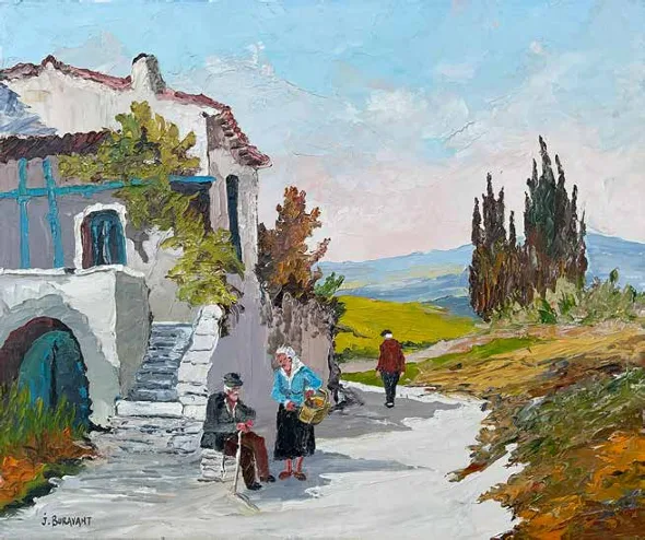 Un vieux couple assis devant un mas provençal, un promeneur au loin sur le chemin, cyprès à droite.