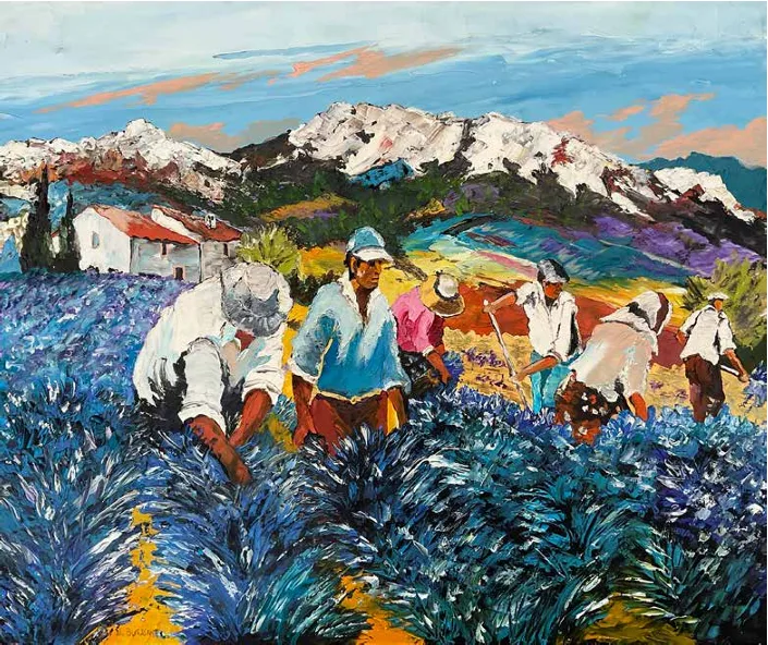 Cueilleurs de lavande dans un champ violet devant des montagnes enneigées, ciel du soir orangé.