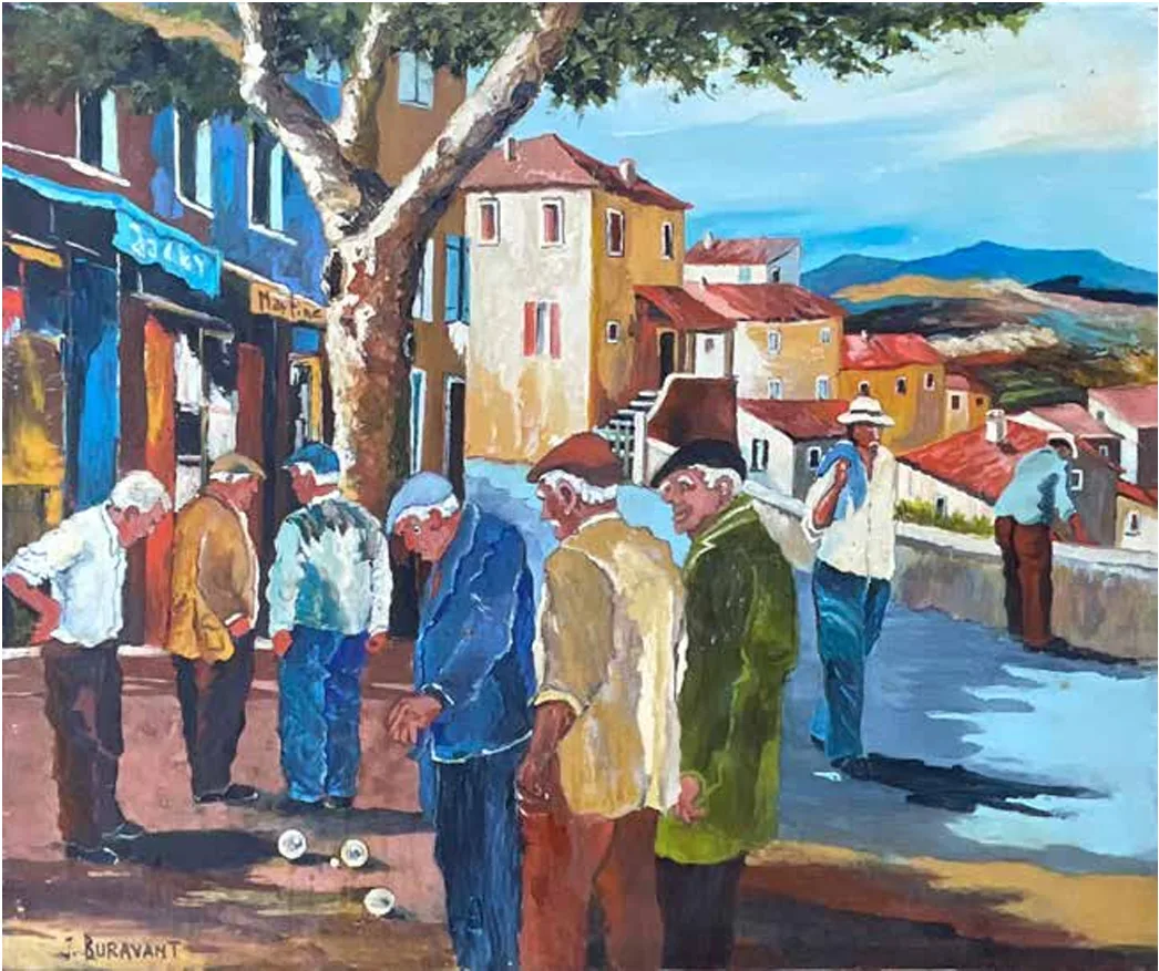 Partie de pétanque à l'ombre d'un platane dans une rue de village provençal, joueurs concentrés sur les boules.